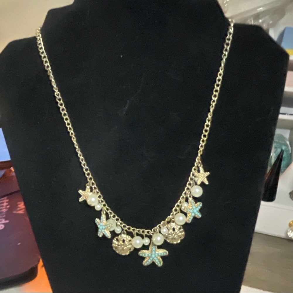 Vintage Beach Natural Blue Turquoise Starfish Shell Gold Pearl Charm Necklace - Picture 8 of 11